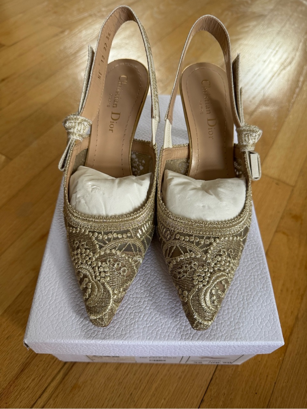 Dior Gold Embroidered Pointed Slingback Heels - Picture 1 of 6